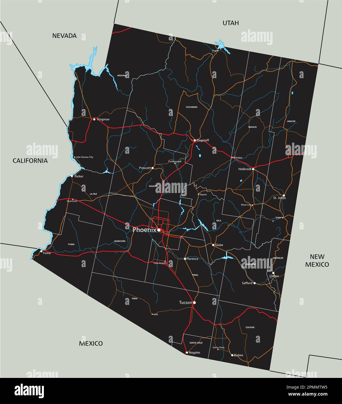 Detaillierte Roadmap für Arizona mit Kennzeichnung. Stock Vektor