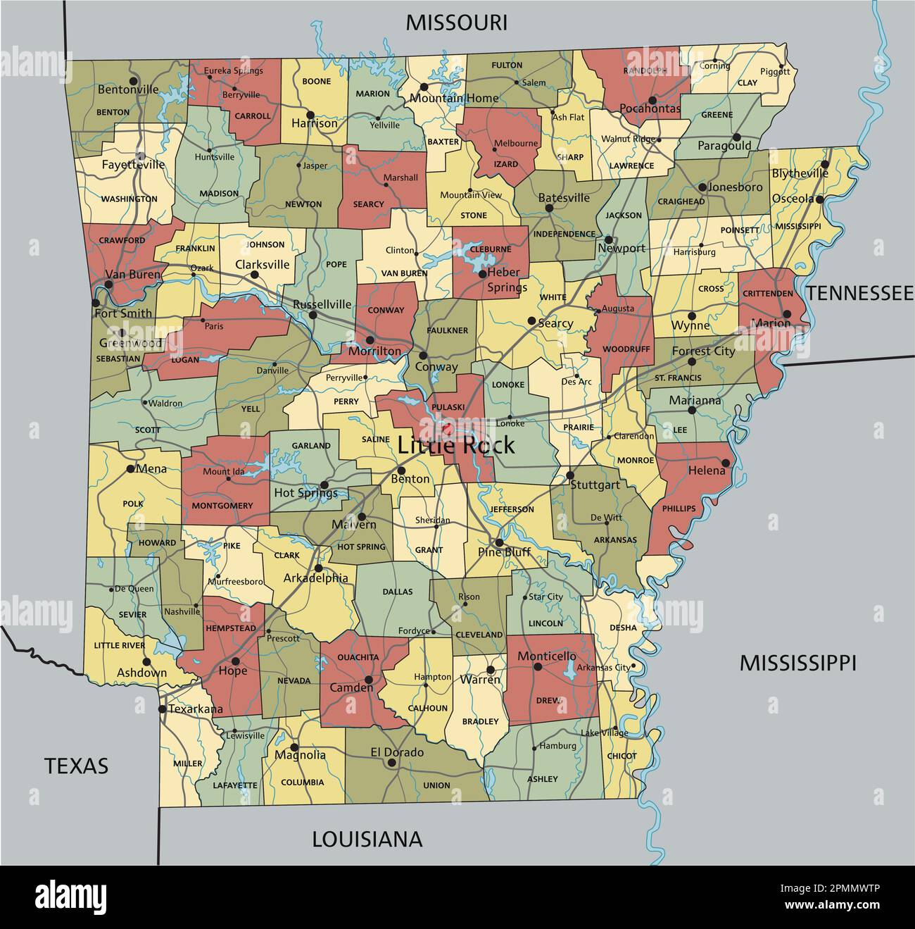 Arkansas - sehr detaillierte, bearbeitbare politische Karte mit Beschriftung. Stock Vektor