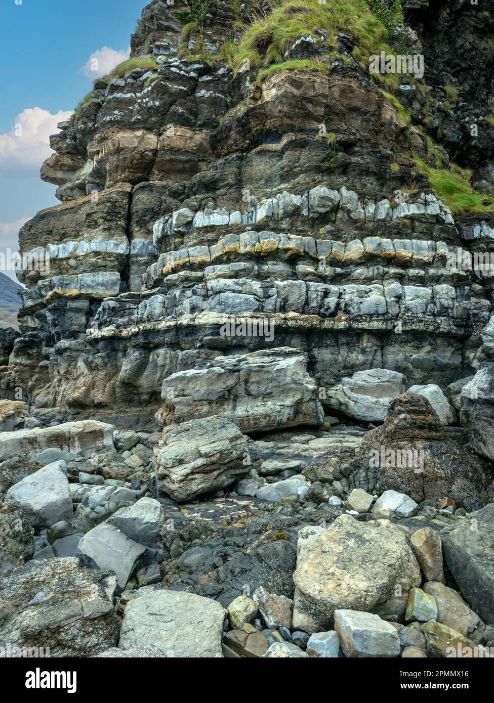 Sandstein-, Siltstein- und Schlammfelsschichten in der Staffin Shale Formation, Scaladal Bay, Isle of Skye, Schottland, Vereinigtes Königreich Stockfoto