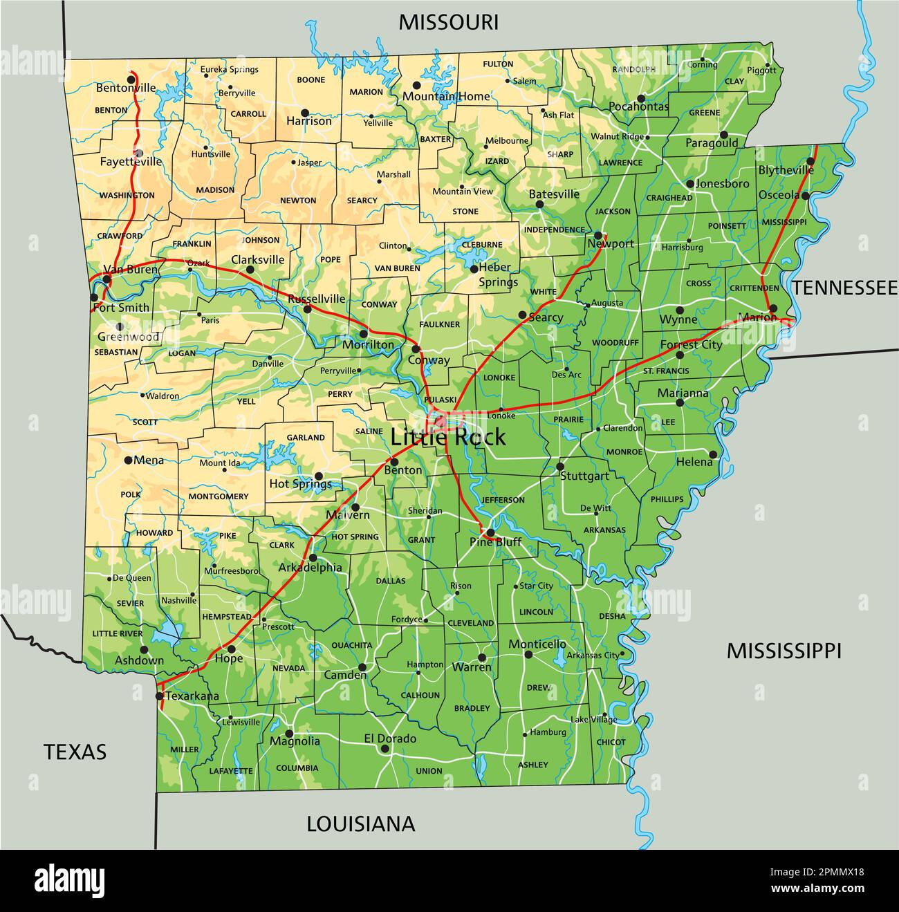 Hochdetaillierte physische Karte von Arkansas mit Beschriftung. Stock Vektor