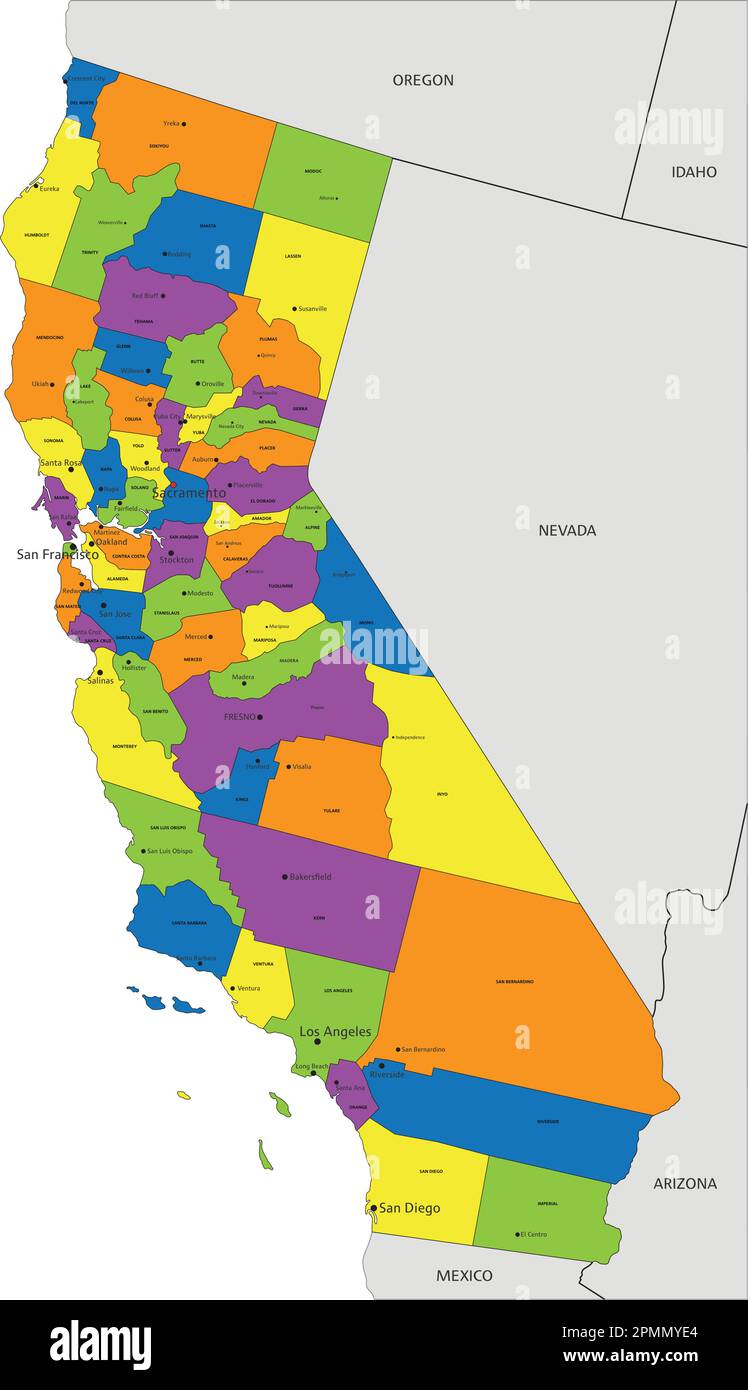 Farbenfrohe politische Karte Kaliforniens mit klar gekennzeichneten, getrennten Schichten. Vektordarstellung. Stock Vektor