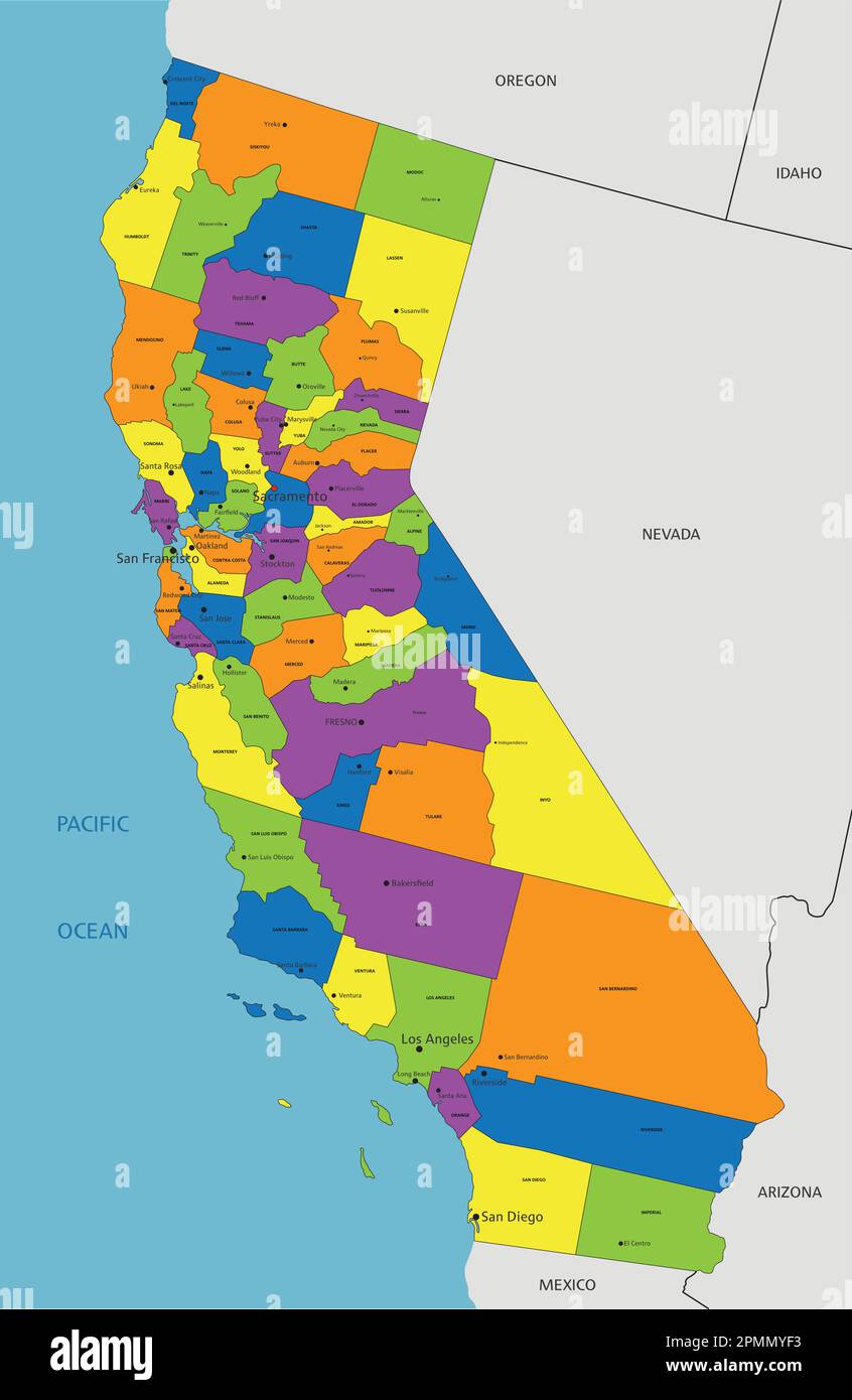 Farbenfrohe politische Karte Kaliforniens mit klar gekennzeichneten, getrennten Schichten. Vektordarstellung. Stock Vektor