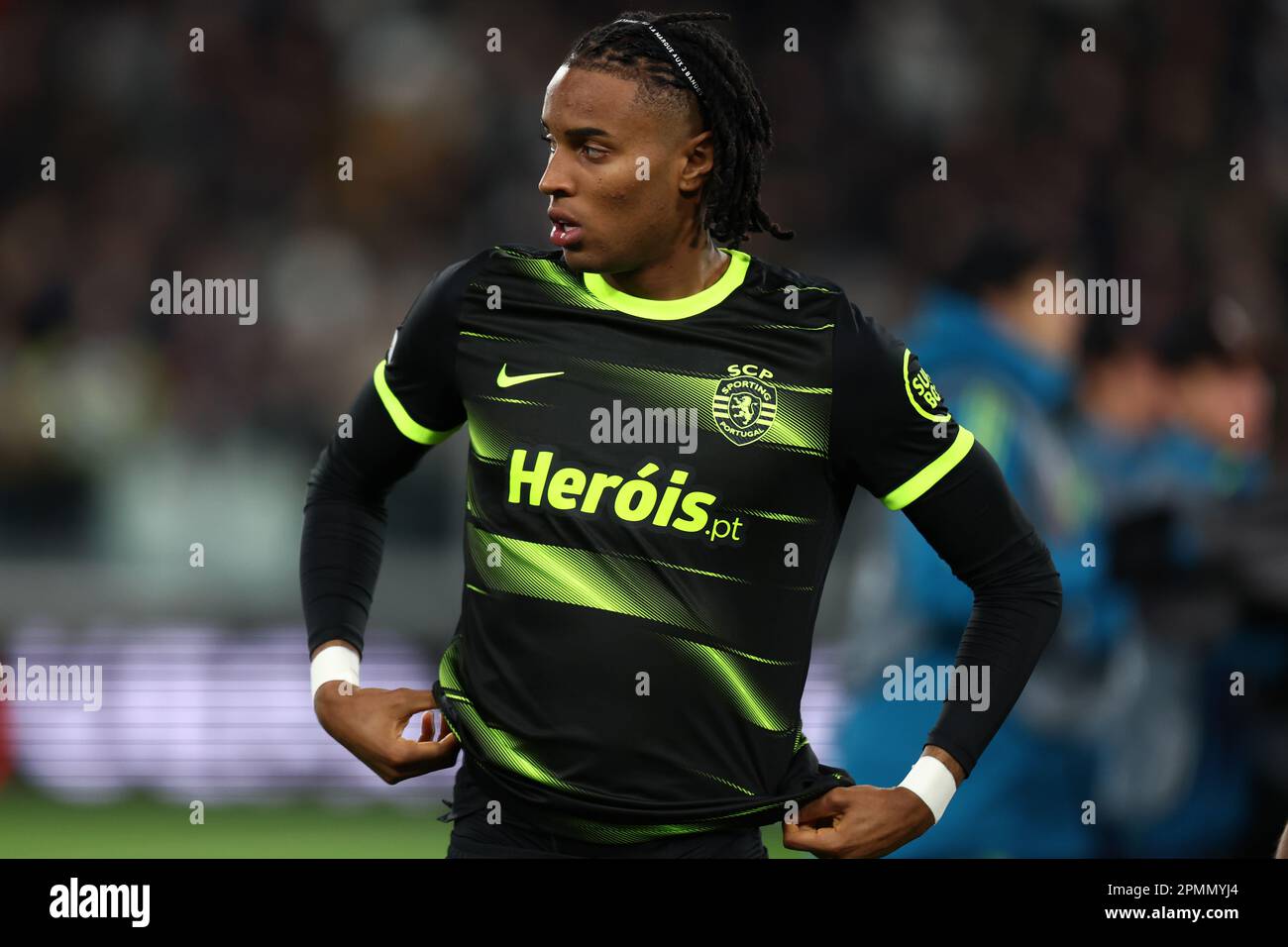 Turin, Italien. 13. April 2023. Youssef Chermiti vom Sporting Clube de Portugal schaut beim Viertelfinale der UEFA Europa League im ersten Spiel zwischen dem FC Juventus und dem Sporting Clube de Portugal am 13 2023. April im Allianz-Stadion in Turin zu . Kredit: Marco Canoniero/Alamy Live News Stockfoto