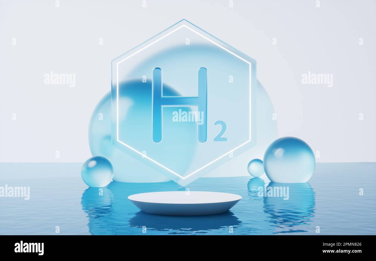 Wasserstoff und Wasseroberfläche, 3D-Rendering. Digitale Zeichnung. Stockfoto