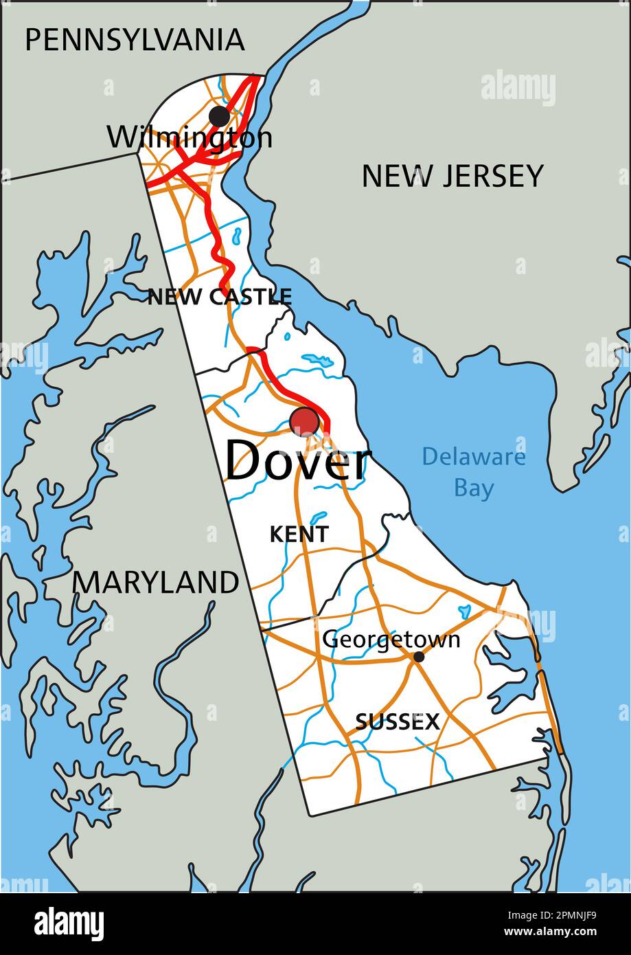 Detaillierter Delaware-Fahrplan mit Beschriftung. Stock Vektor