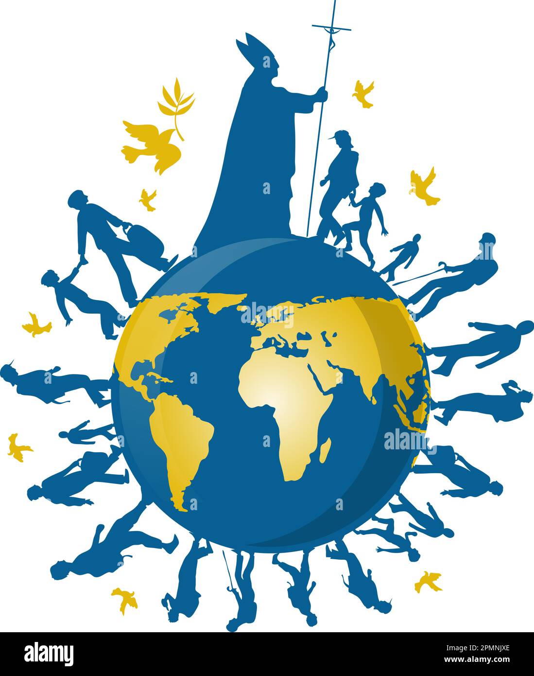 Der Papst über der Welt mit den Gläubigen. vektordarstellung Stock Vektor