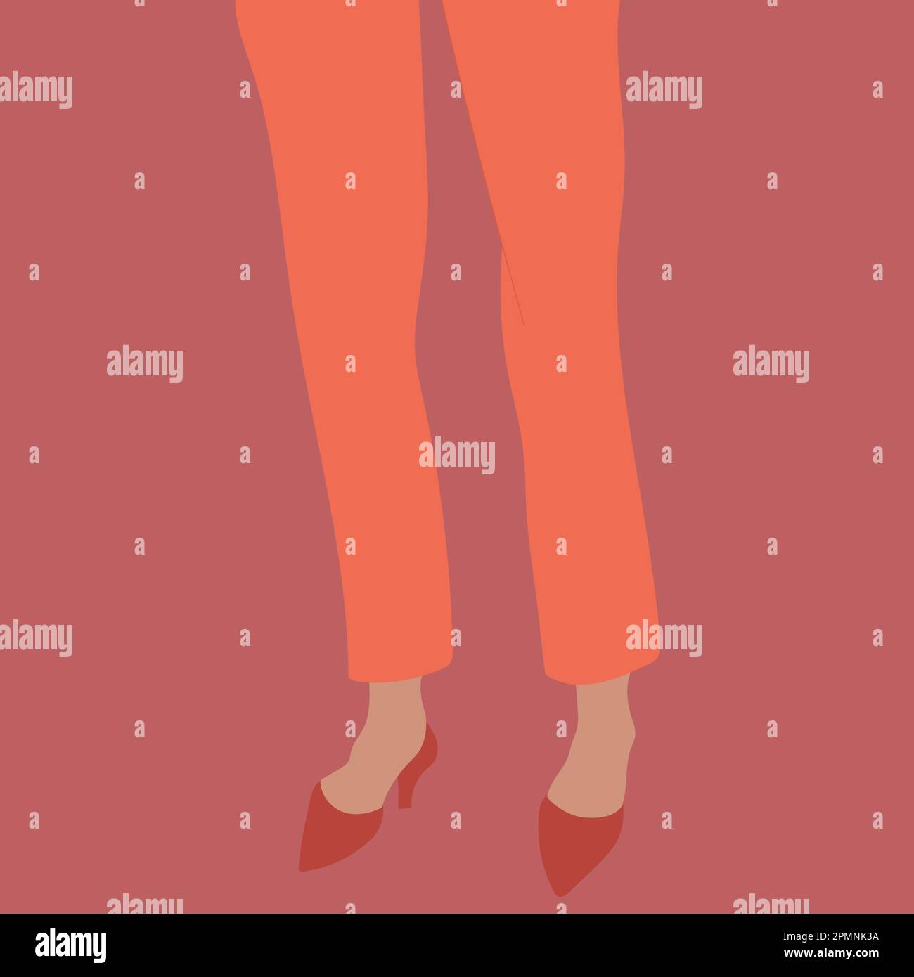 Abstrakte weibliche Beine in orangefarbener Hose und roten Schuhen mit hohem Absatz auf hellem Hintergrund. Handgezeichnete Vektorgrafiken Stock Vektor
