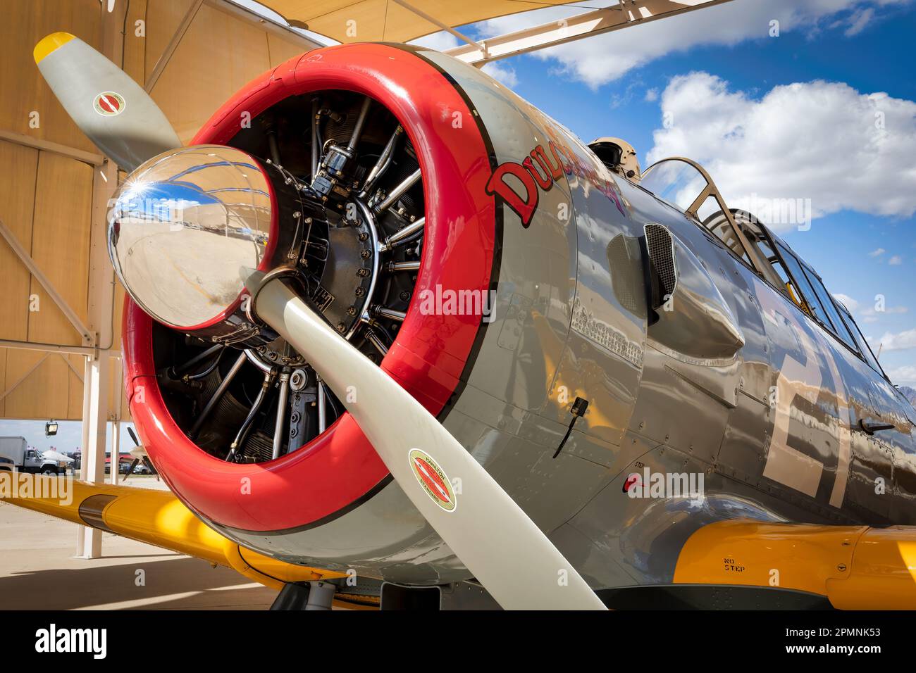 Eine SNJ-5 namens Dulcinea, die 1944 an die US Navy geliefert wurde und auf der 2023 Thunder and Lightning Over Arizona in Tucson, Arizona, ausgestellt wurde. Stockfoto