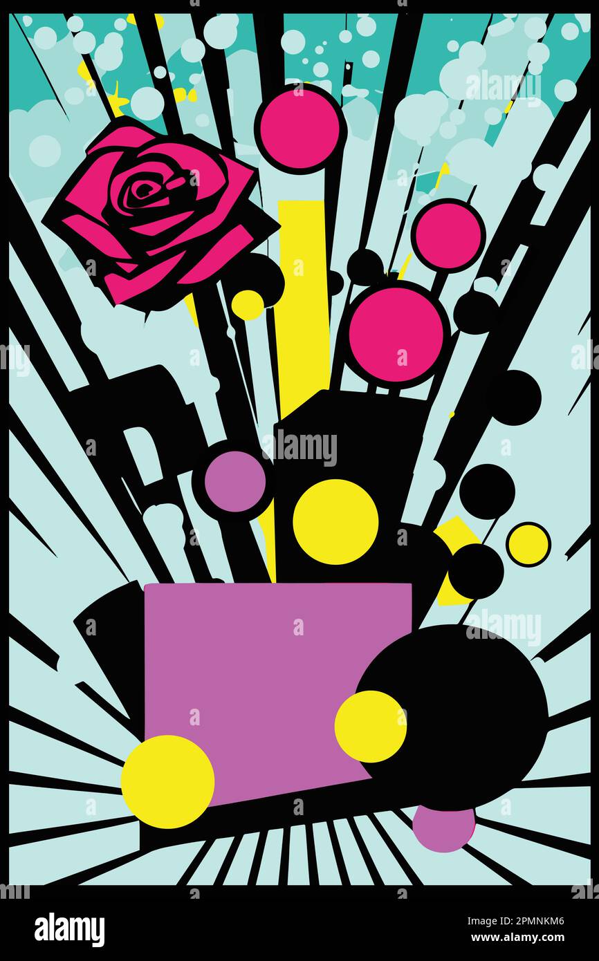 Pop Art Vintage abstrakte Illustration mit Rose, Cartoon Retro farbenfrohe Superhelden Cover mit coolem lustigem Dynamic Stock Vektor