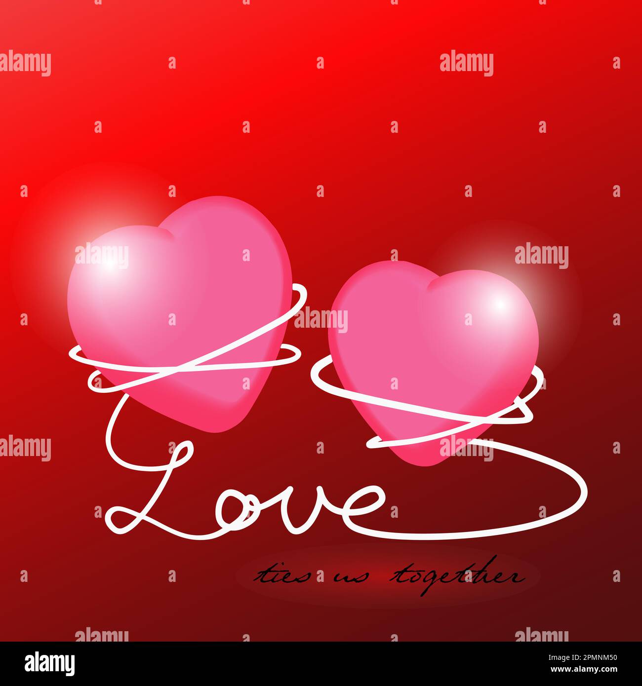 Valentinskarte oder Hintergrund, zwei Herzen verbunden mit dem Zitat „Liebe verbindet uns“ Stock Vektor