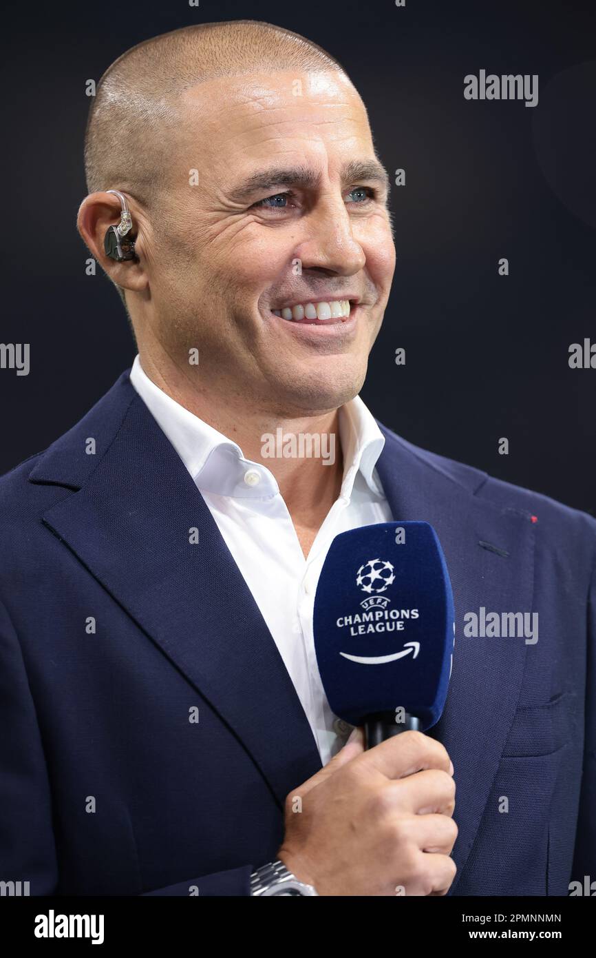 Mailand, Italien. 12. April 2023. Ehemaliges Italien, Neapel, Parma, Internazionale, Juventus, Real Madrid und der Al-Ahli-Verteidiger Fabio Cannavaro reagieren auf seine Kommentare für Amazon Prime vor dem Spiel der UEFA Champions League in Giuseppe Meazza, Mailand. Der Bildausdruck sollte lauten: Jonathan Moscrop/Sportimage Credit: Sportimage/Alamy Live News Stockfoto