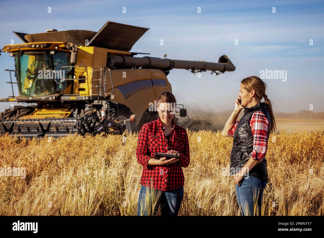 Eine reife Landwirtschaftsfrau, die auf einem Feld steht und bei der Ernte mit einer jungen Frau zusammen arbeitet, mit fortschrittlicher Agrarsoftware... Stockfoto