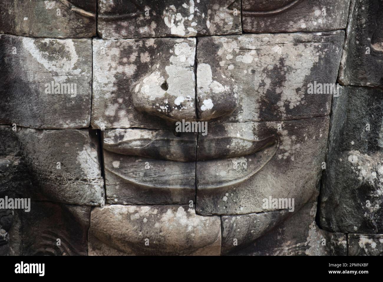 Nahaufnahme einer Steinwand auf einem Turm von Angkor Thom; Siem Reap, Angkor, Kambodscha Stockfoto