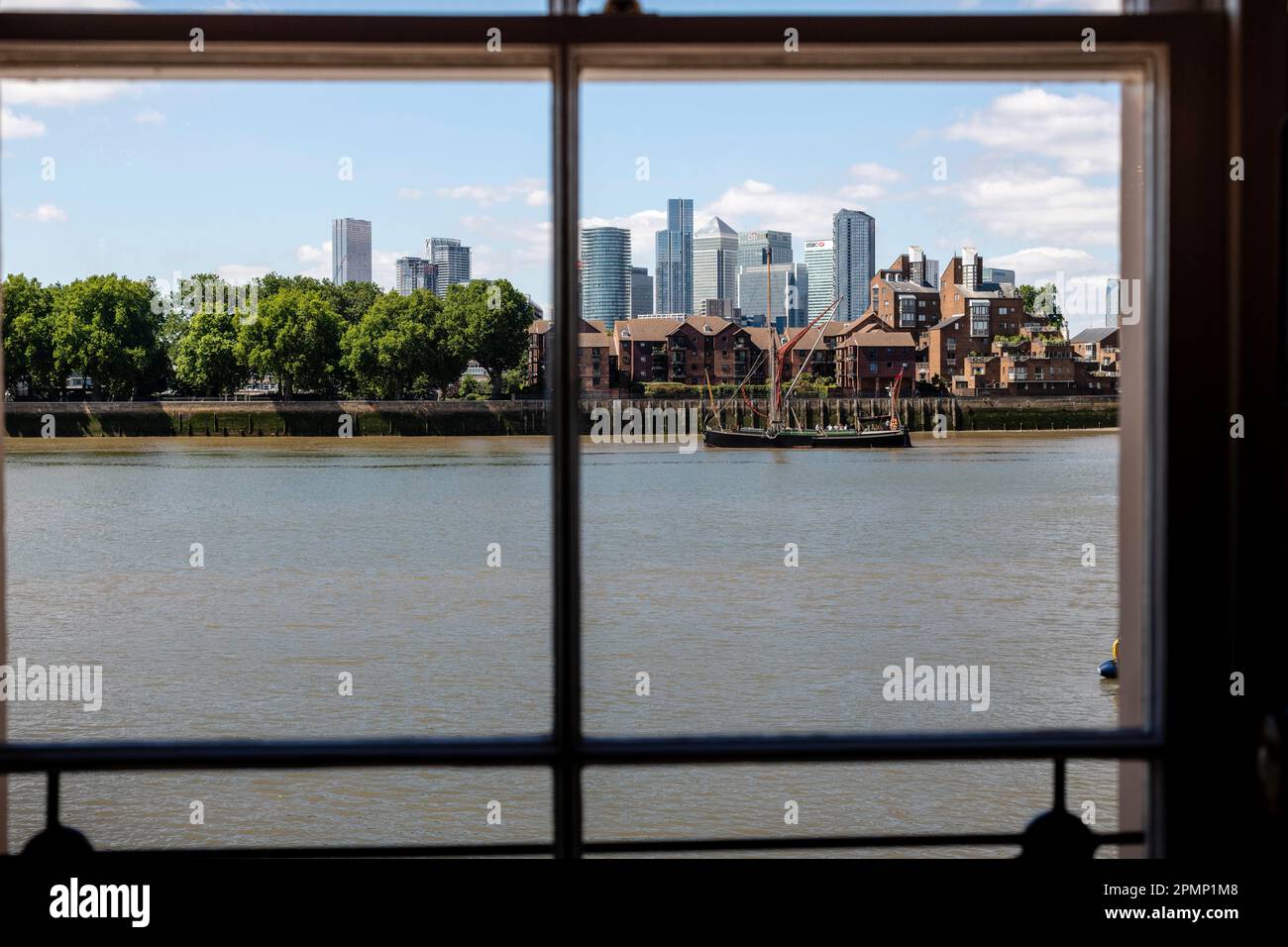 Blick auf Canary Wharf von Greenwich, die Themse. Stockfoto