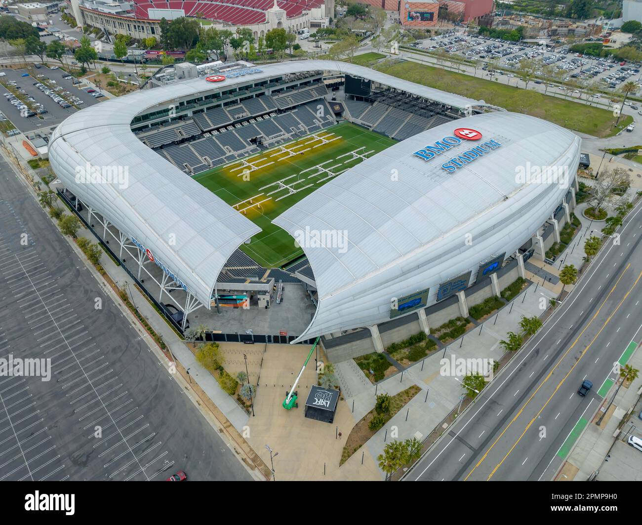 Los Angeles, Kalifornien, USA. 12. April 2023. Im BMO Stadium befinden sich der Los Angeles Football Club (LAFC) der Major League und Angel City der National Women's Soccer League. (Kreditbild: © Walter G. Arce Sr./ZUMA Press Wire) NUR REDAKTIONELLE VERWENDUNG! Nicht für den kommerziellen GEBRAUCH! Stockfoto