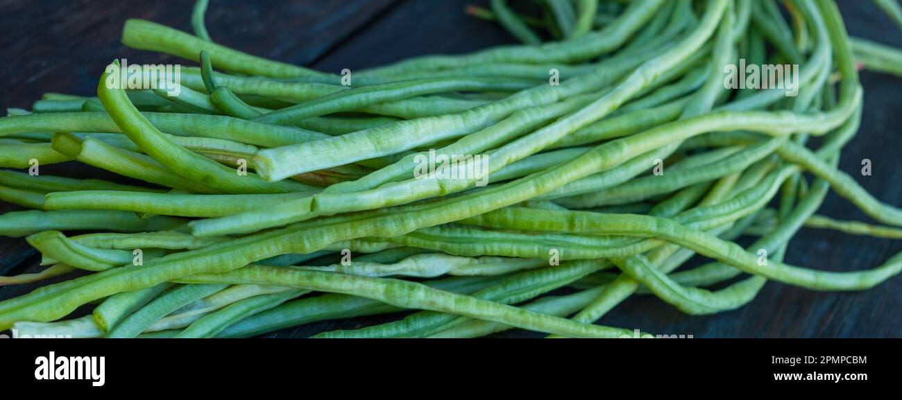 Banner. Spargelbohnen. Kuherbse. Natürliche, umweltfreundliche vegetarische Speisen. Natürlicher Vollformat-Hintergrund Stockfoto