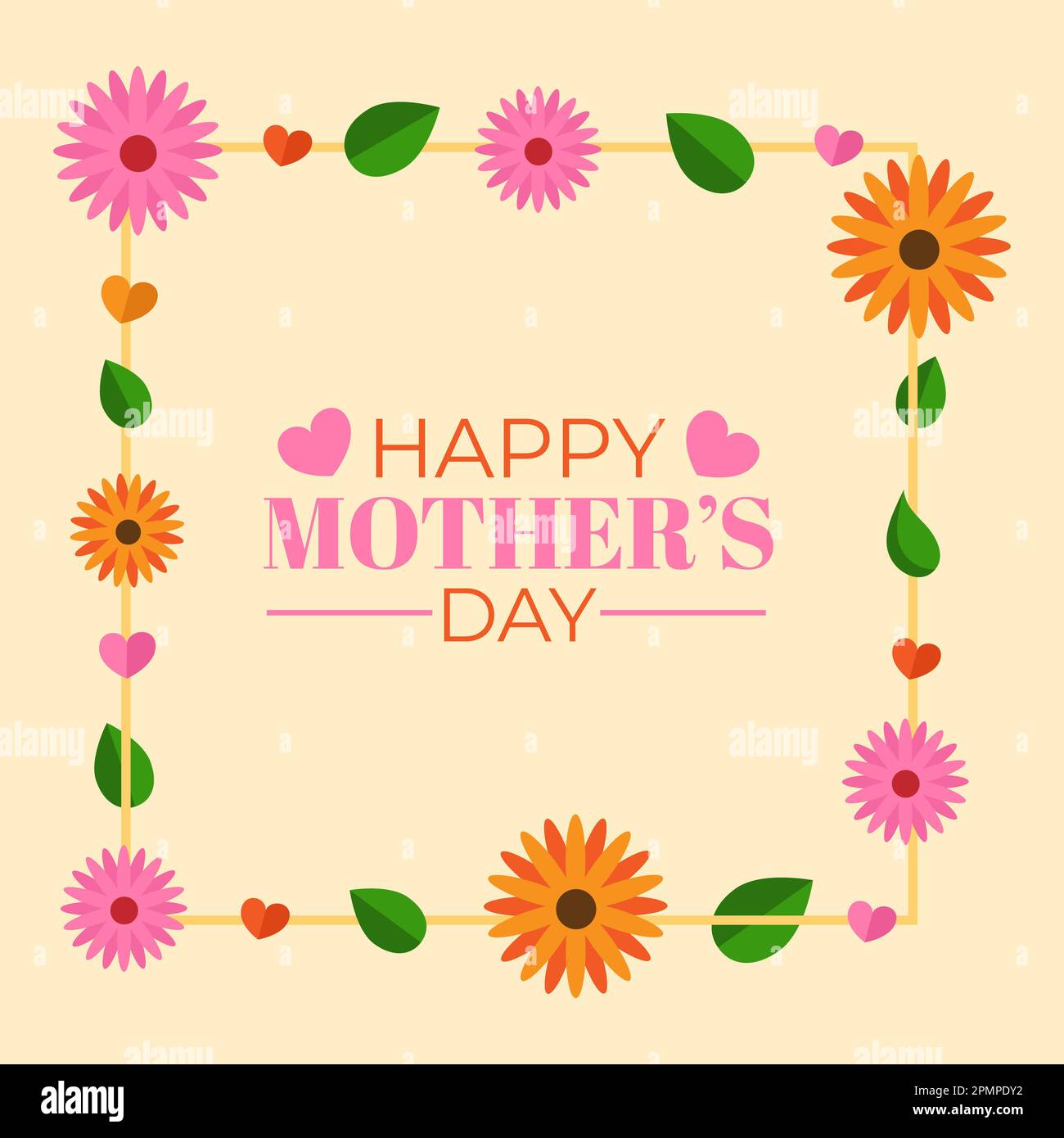 Happy Mother's Day – Blumengrußkarte mit Blumen, Blättern, Herzen, Rahmen und Text zum Muttertag. Stockfoto