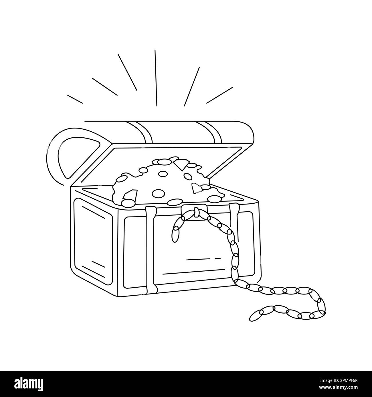 Süße Schatztruhe aus Cartoon. Darstellung isolierter Vektoren in linearer Darstellung. Einfacher Clipart. Konstruktionselement. Piratenleben und Seereisen. Geheimnisse Stock Vektor