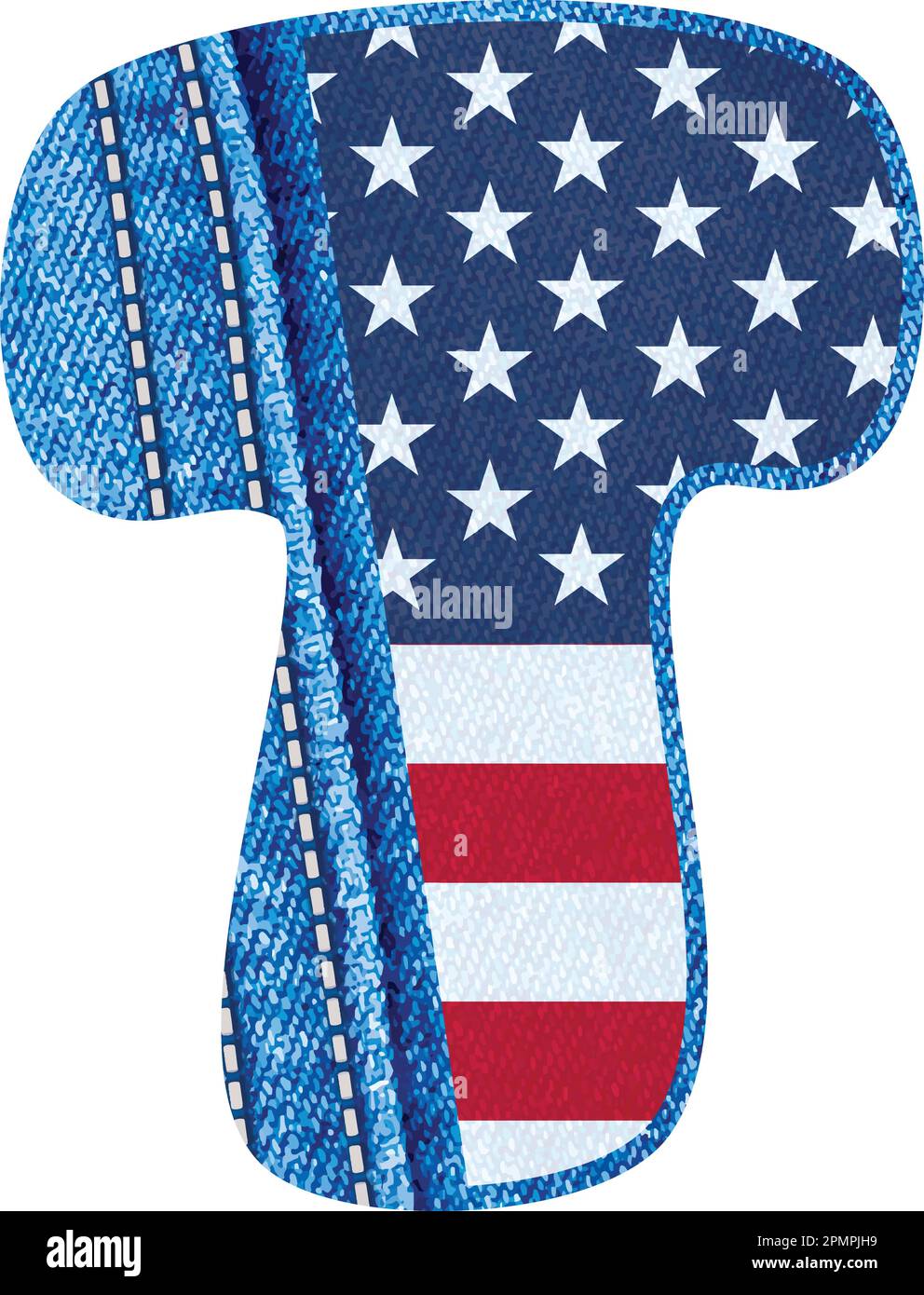 Der Vector-Buchstabe T mit der Textur von blauem jean-Material und US-Flagge - das Monogramm-T mit Denim-Material und amerikanischer Flagge - das jean-Alphabet Stock Vektor