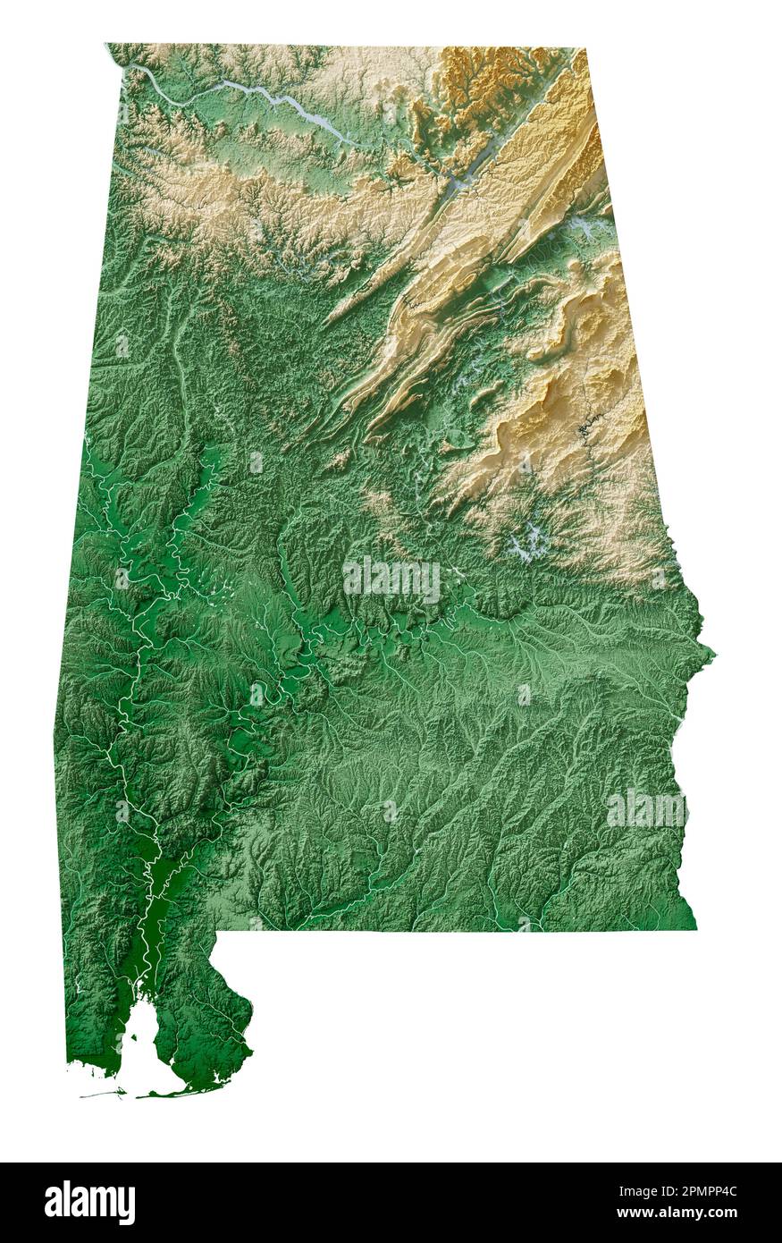 Der US-Bundesstaat Alabama. Sehr detailliertes 3D-Rendering schattierter Reliefkarten mit Flüssen und Seen. Farbig nach Höhe. Erstellt mit Satellitendaten. Stockfoto