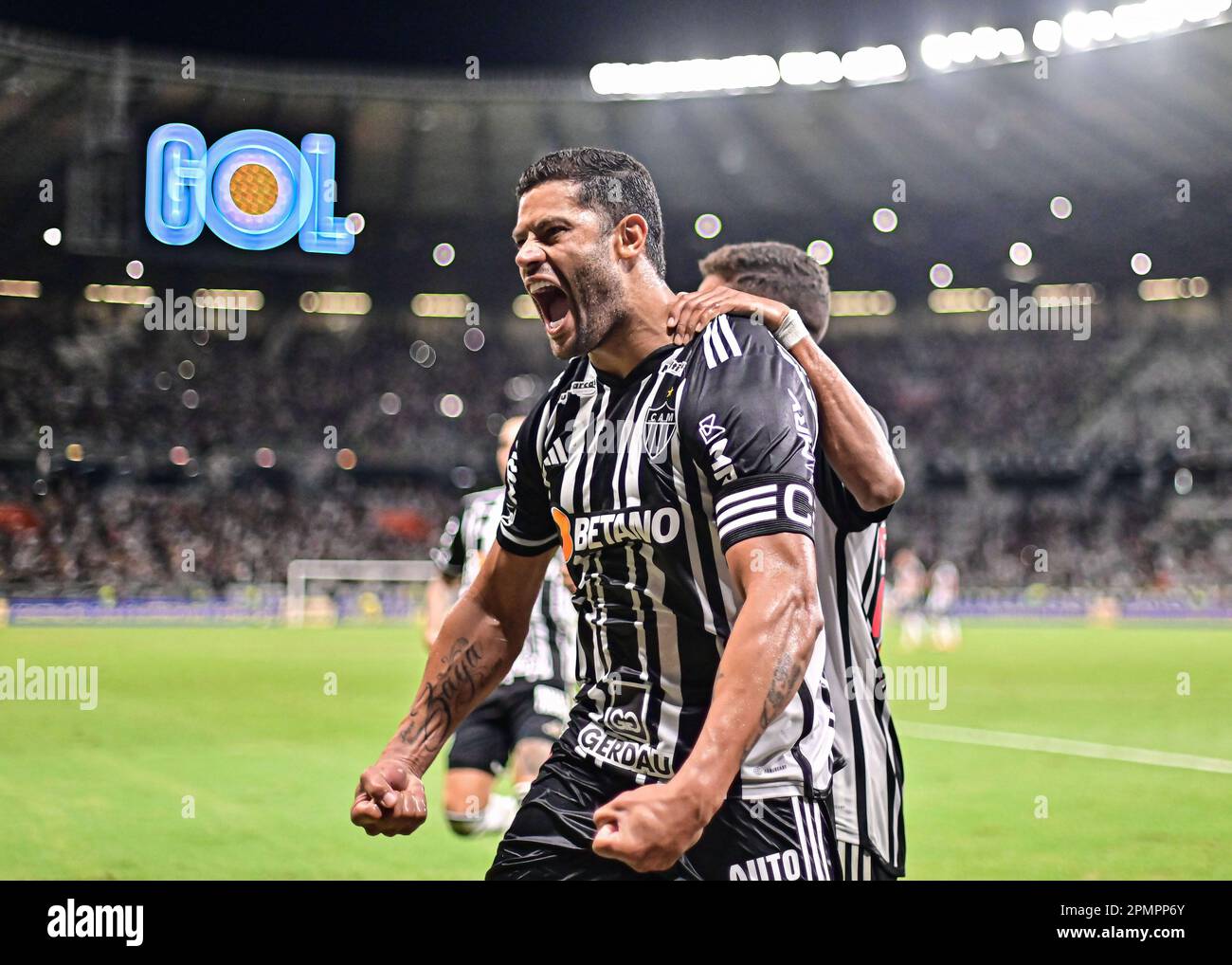 12. April 2023: Estádio do Mineir&#XE3;o, Belo Horizonte, Minas Gerais, Brasilien: Copa Brazil Football, Atlético Mineiro versus Brasil de Pelotas; Hulk von Atlético Mineiro feiert das Tor von Pedrinho Stockfoto