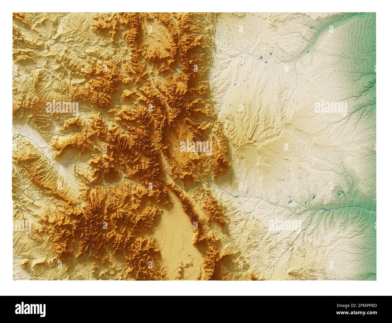 Der US-Bundesstaat Arkansas. Sehr detailliertes 3D-Rendering schattierter Reliefkarten mit Flüssen und Seen. Farbig nach Höhe. Erstellt mit Satellitendaten. Stockfoto