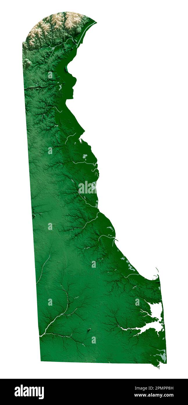 Der US-Staat Delaware. Sehr detailliertes 3D-Rendering schattierter Reliefkarten mit Flüssen und Seen. Farbig nach Höhe. Erstellt mit Satellitendaten. Stockfoto