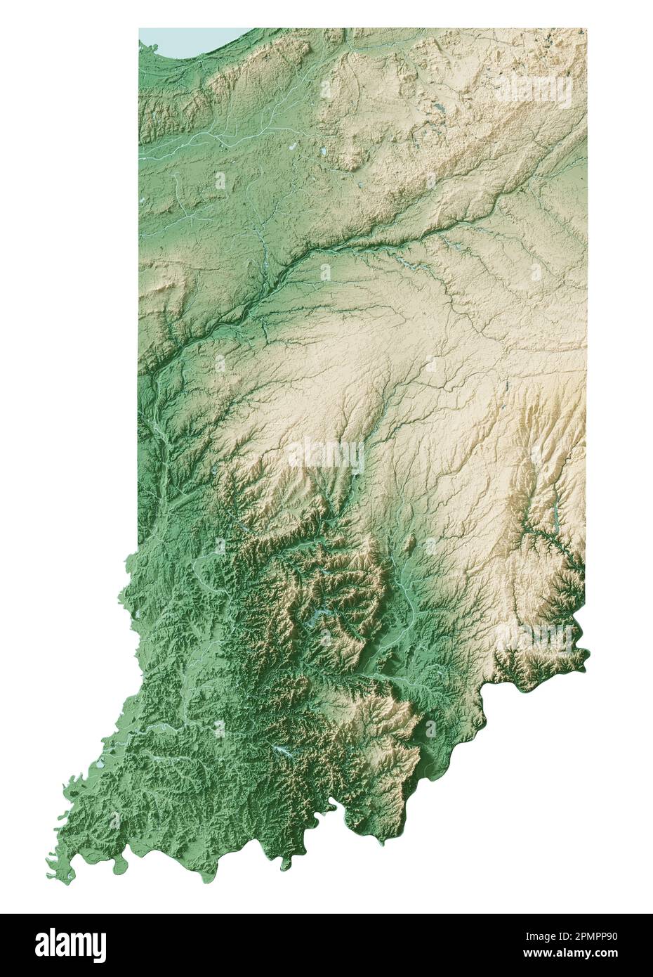 Der US-Bundesstaat Indiana. Sehr detailliertes 3D-Rendering schattierter Reliefkarten mit Flüssen und Seen. Farbig nach Höhe. Erstellt mit Satellitendaten. Stockfoto