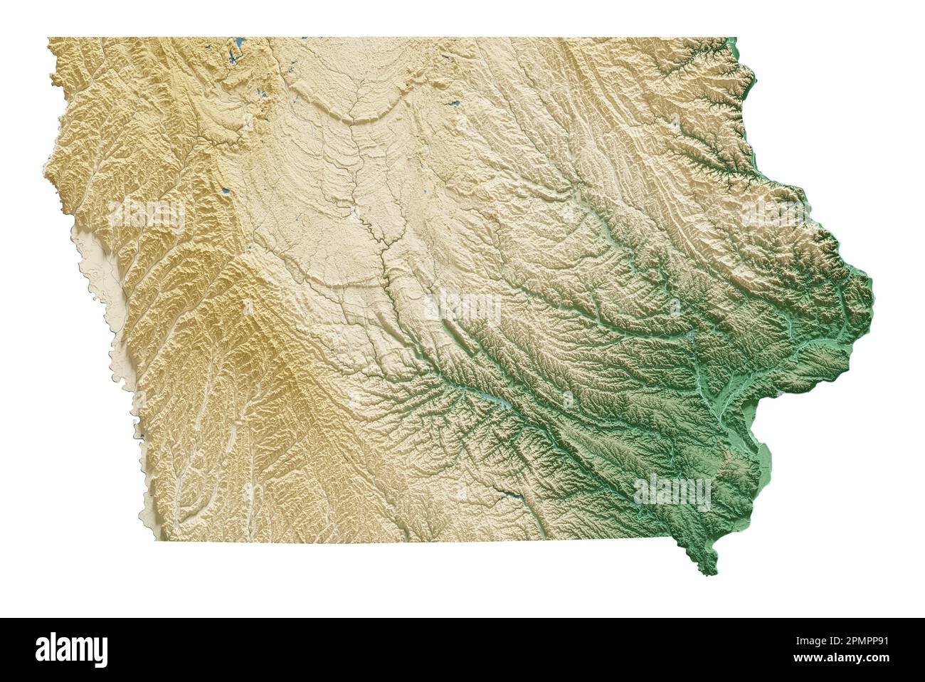 Der US-Bundesstaat Iowa. Sehr detailliertes 3D-Rendering schattierter Reliefkarten mit Flüssen und Seen. Farbig nach Höhe. Erstellt mit Satellitendaten. Stockfoto