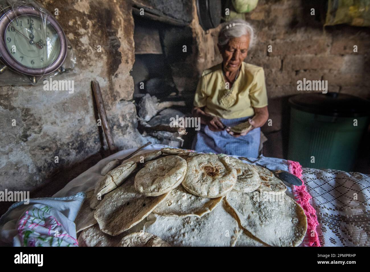 Ältere mexikanische Frau, die Fladenbrot in ihrer Küche macht; Ejido Hidalgo, San Luis, Mexiko Stockfoto
