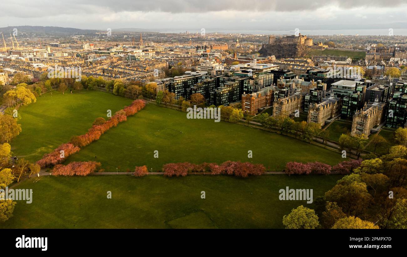 Blick aus der Vogelperspektive auf Edinburghs blühende Wiesen. Stockfoto