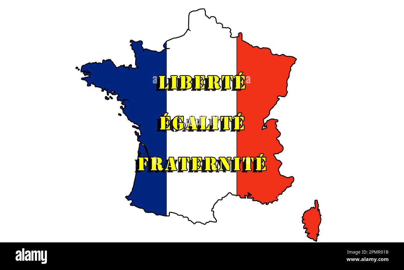 Frankreich in der Silhouette mit den Farben der Flagge, die Werte der Revolution, die noch heute leben: Freiheit, Gleichheit und Brüderlichkeit, gegen jeden Gegner Stockfoto