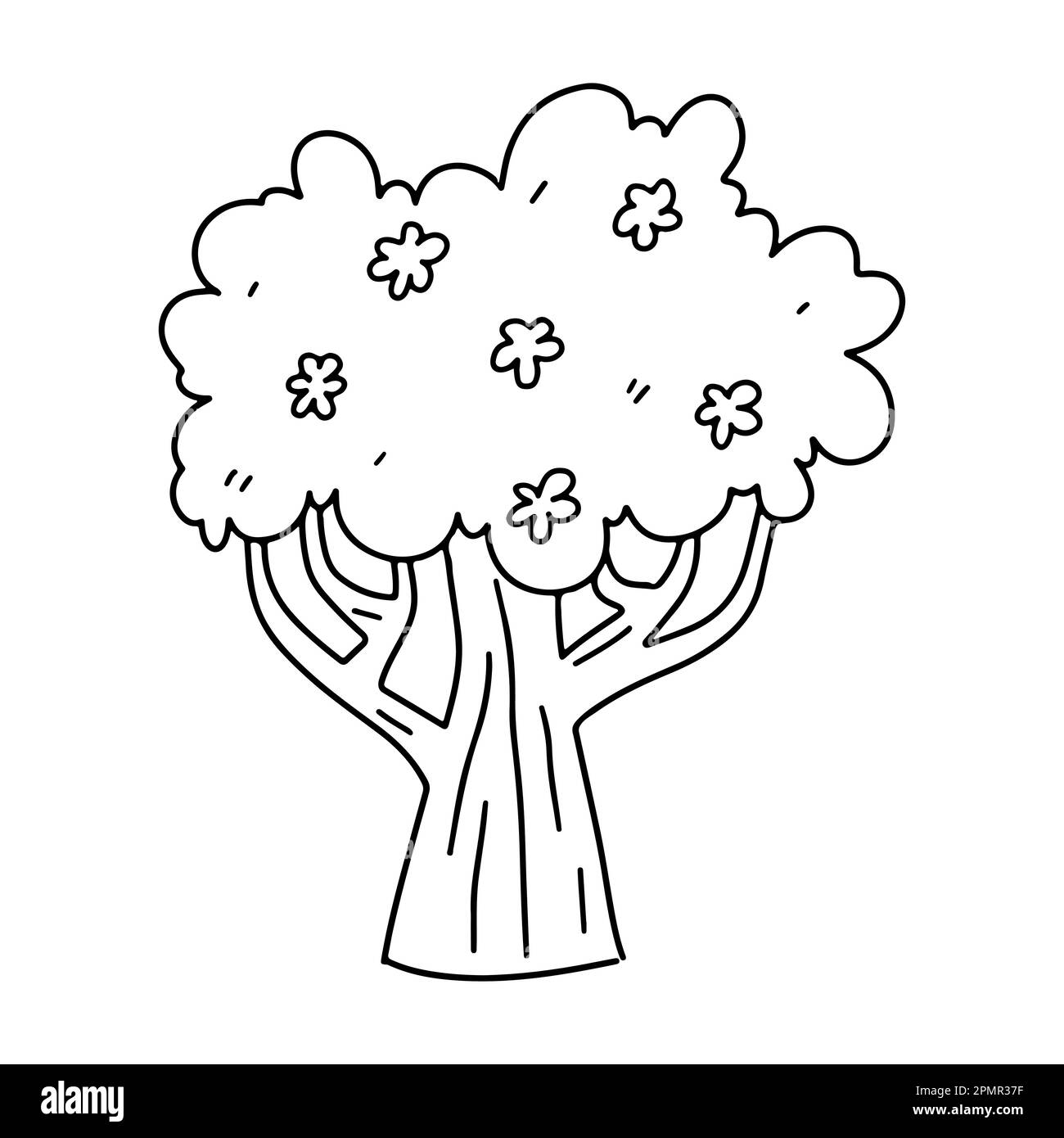 Frühlingsbaum mit Blumen im handgezeichneten Doodle-Stil. Vektordarstellung auf weiß isoliert. Ausmalseite. Stock Vektor