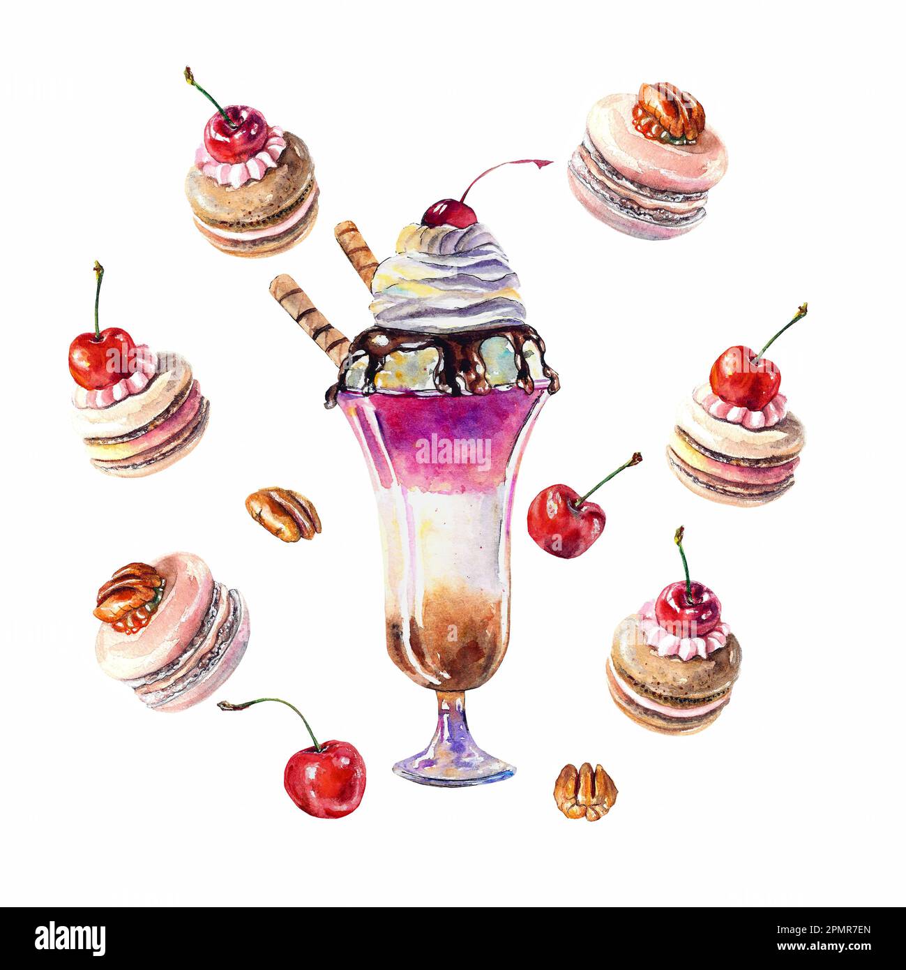 Aquarelle Milchshake mit Schokoladensirup und Kirschen, Waffelrollen, Makronen, Kirschen, Pekannüsse isoliert auf weißem Hintergrund. Aquarell krank Stockfoto