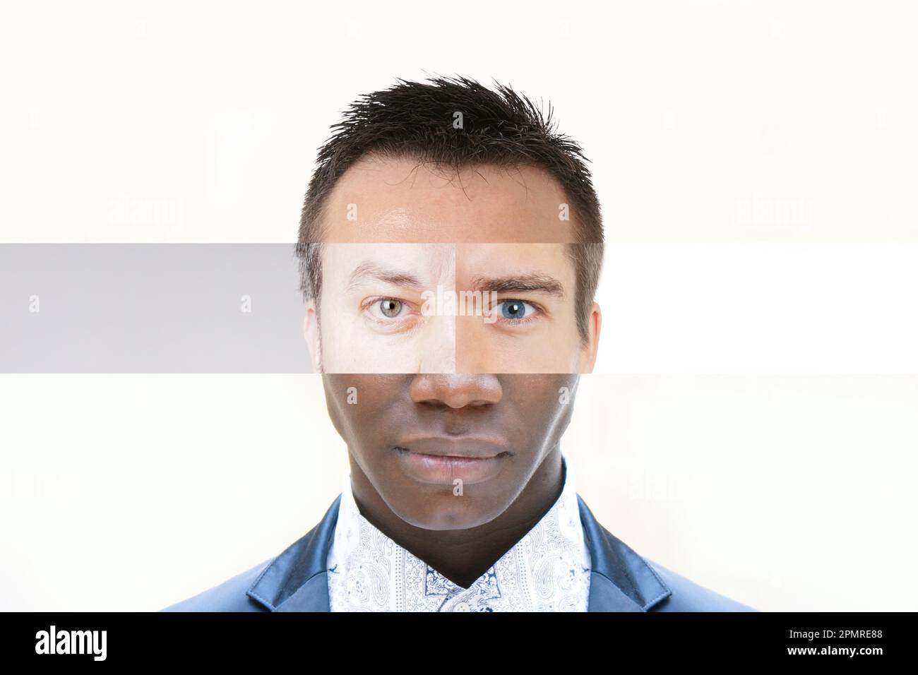 Composite Face aus männlichen Menschen mit verschiedenen Hautfarben - Diversity Concept Collage Stockfoto