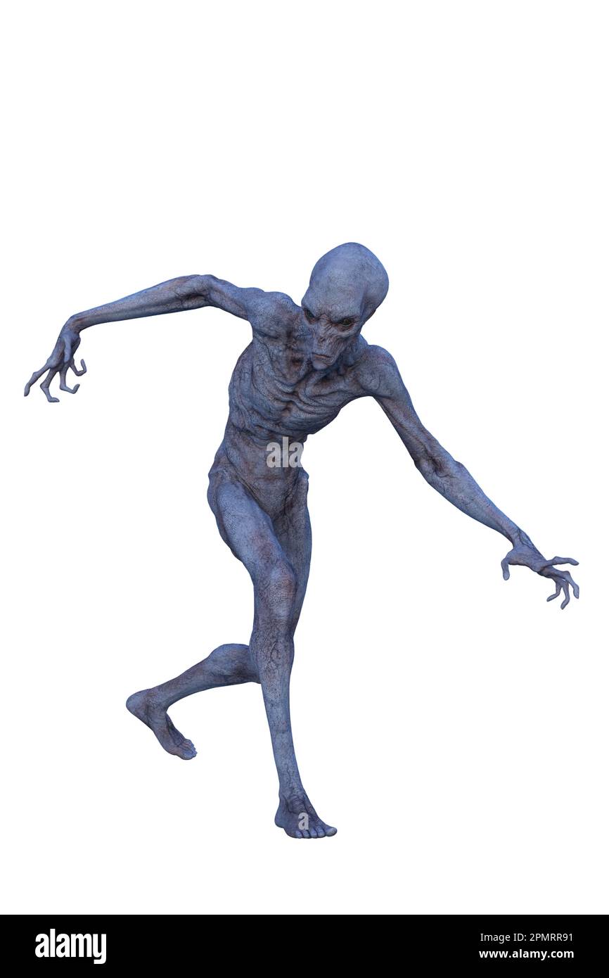 Blaugrauer, gehäuteter Alien-Mann, der nach rechts runterblickt. 3D-Rendering isoliert auf weißem Hintergrund. Stockfoto