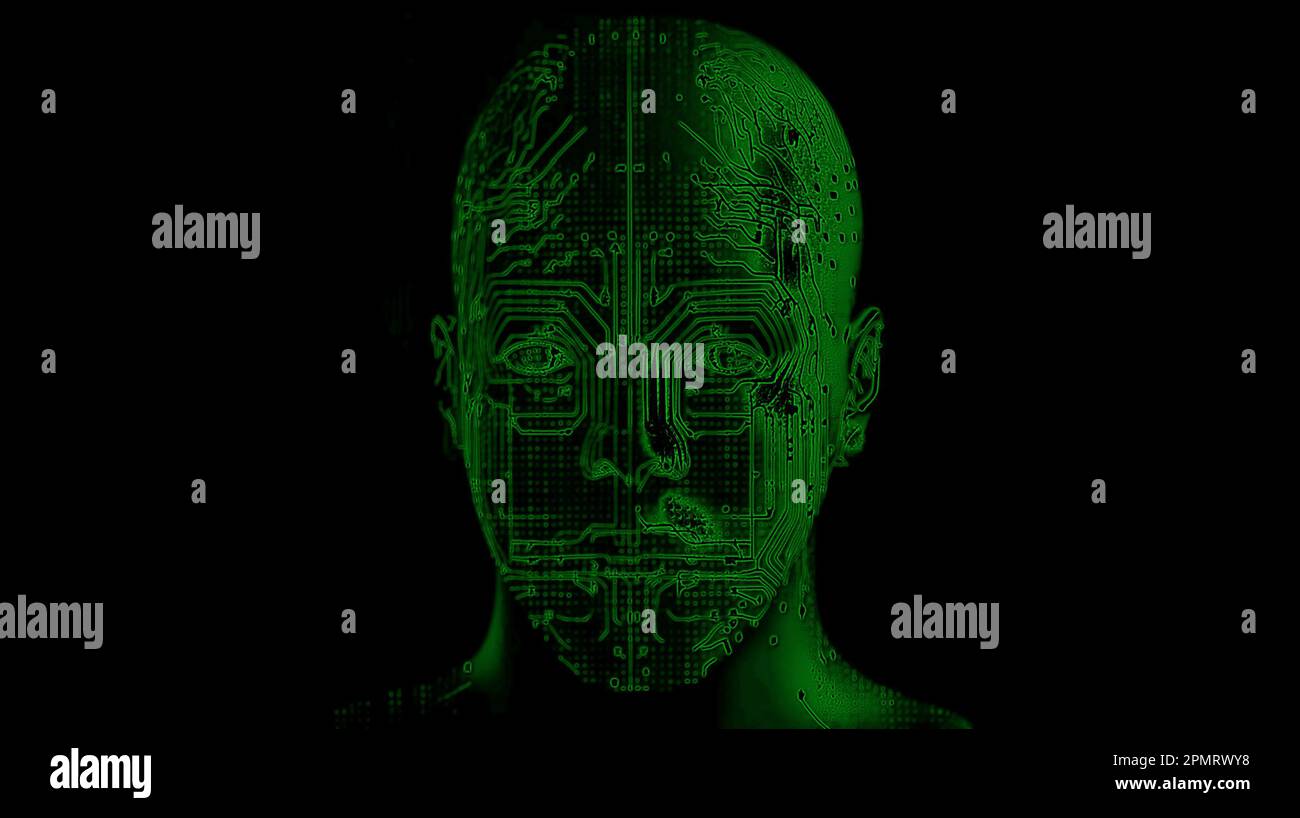 Ein 3D-Rendering einer digitalen grünen menschlichen Kopfform, isoliert auf weißem Hintergrund Stockfoto