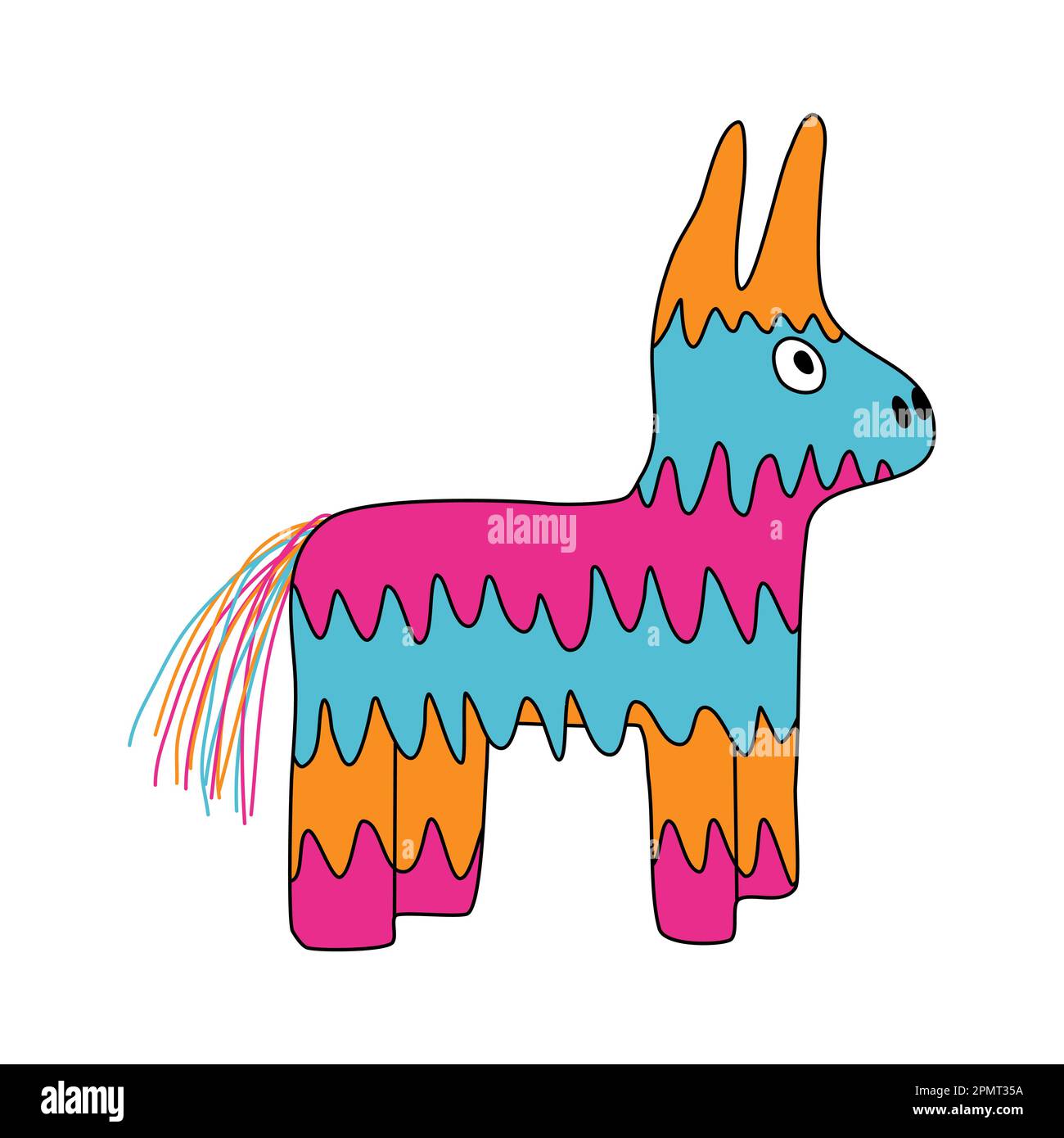 Mexikanischer Pinata-Esel oder Lama, farbenfrohes Spielzeug mit Leckereien für Kindergeburtstage oder Partyfeier, Karneval oder Fiesta, Kritzelstil-Vektorbild Stock Vektor