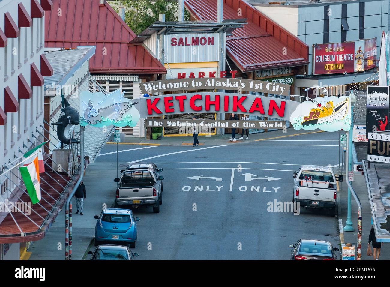Ketchikan, AK - 9. September 2022: Willkommensschild in der Innenstadt von Ketchikan, Alaska. Stockfoto