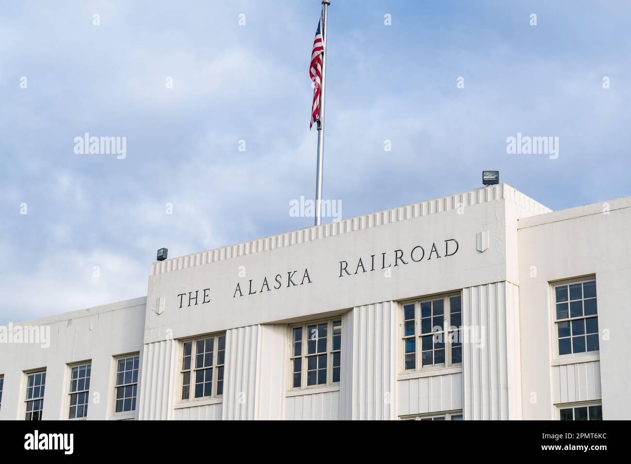 Anchorage, Alaska - 4. September 2022: Außenansicht des Alaska Railroad Zugsdepots in der Innenstadt von Anchorage, Alaska Stockfoto
