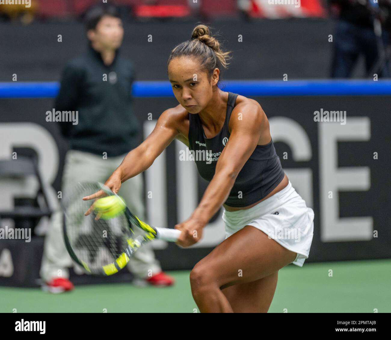 Vancouver, Kanada. 14. April 2023. Leylah Fernandez aus Kanada im Kampf gegen Yanina Wickmayer aus Belgien während des Billie Jean King Cup im Pacific Coliseum. Kredit: Joe Ng/Alamy Live News Stockfoto