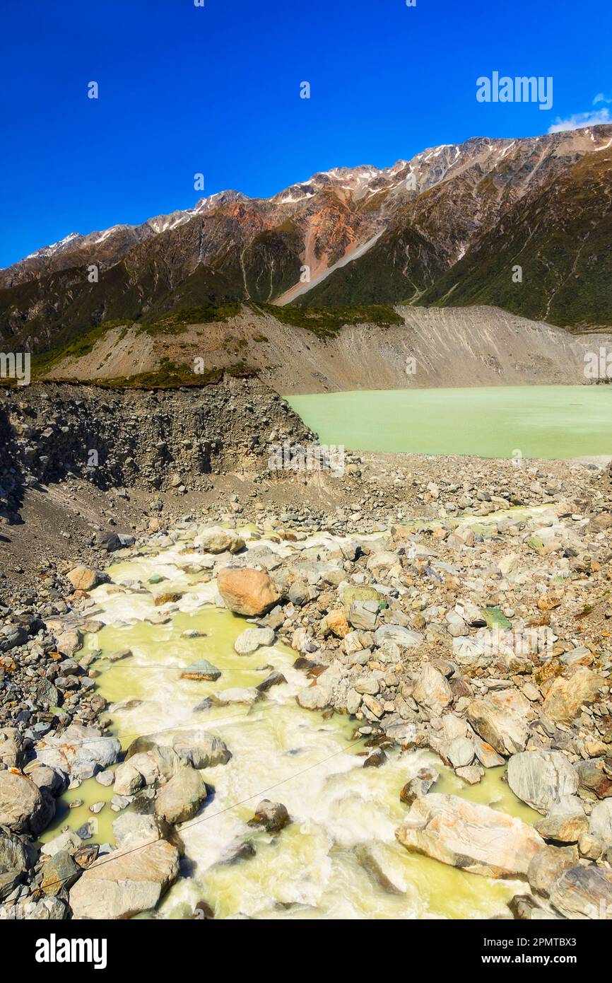 Mueller Lake mit schmelzenden Gletschern im Mount Cook Nationalpark von Australien - Hooker Valley Track. Stockfoto