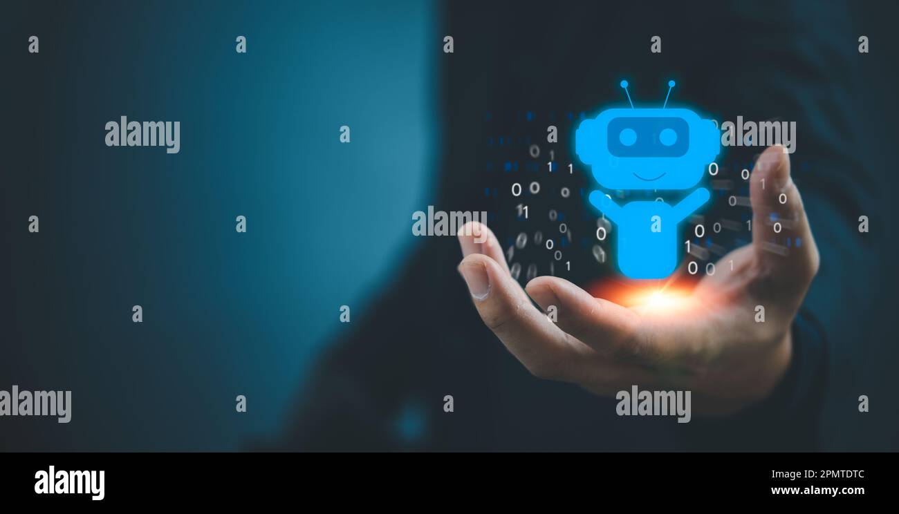 Ein Geschäftsmann mit einem leichten Chatbot Hologramm Intelligenz-KI. Digitaler Chatbot, ChatGPT, Roboteranwendung.Chat GPT-Chat mit AI Artifice intelligent d Stockfoto