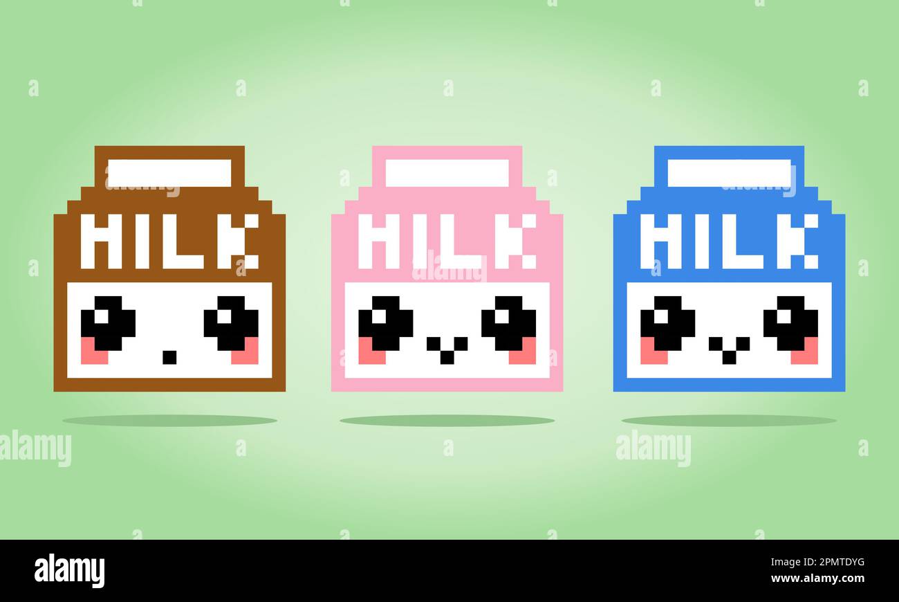 Doodle Box Milch. Süße Milchpixel, Vanille-, Braun- und Erdbeergeschmack. Abbildung: Vektoren für Pixelgrafiken. Stock Vektor