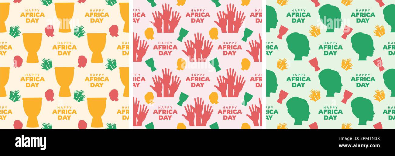 Set aus nahtlosem Muster zum „Happy Africa Day“ mit afrikanischen Stammesfiguren, Dekoration in einer Vorlage, handgezeichnet, flache Cartoon-Illustration Stock Vektor