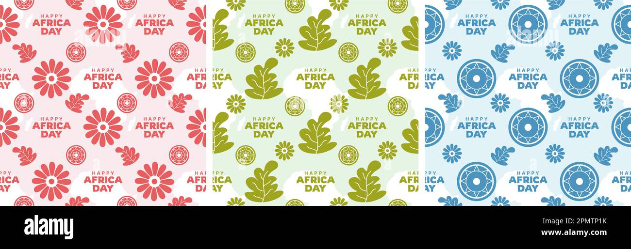 Set aus nahtlosem Muster zum „Happy Africa Day“ mit afrikanischen Stammesfiguren, Dekoration in einer Vorlage, handgezeichnet, flache Cartoon-Illustration Stock Vektor