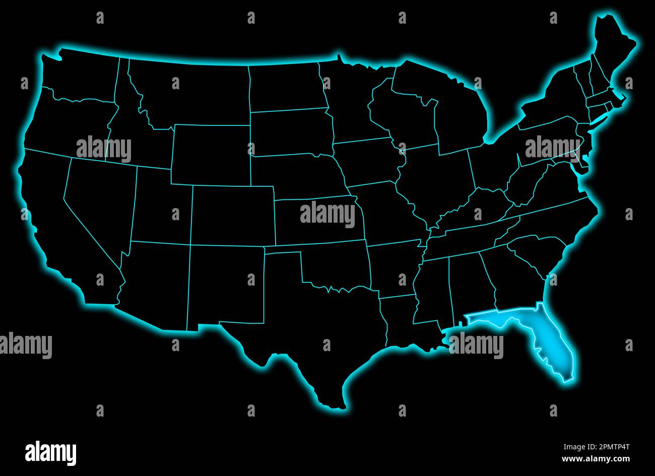 Karte der Vereinigten Staaten von florida mit Stadtgrenzen auf schwarzem Hintergrund Stockfoto