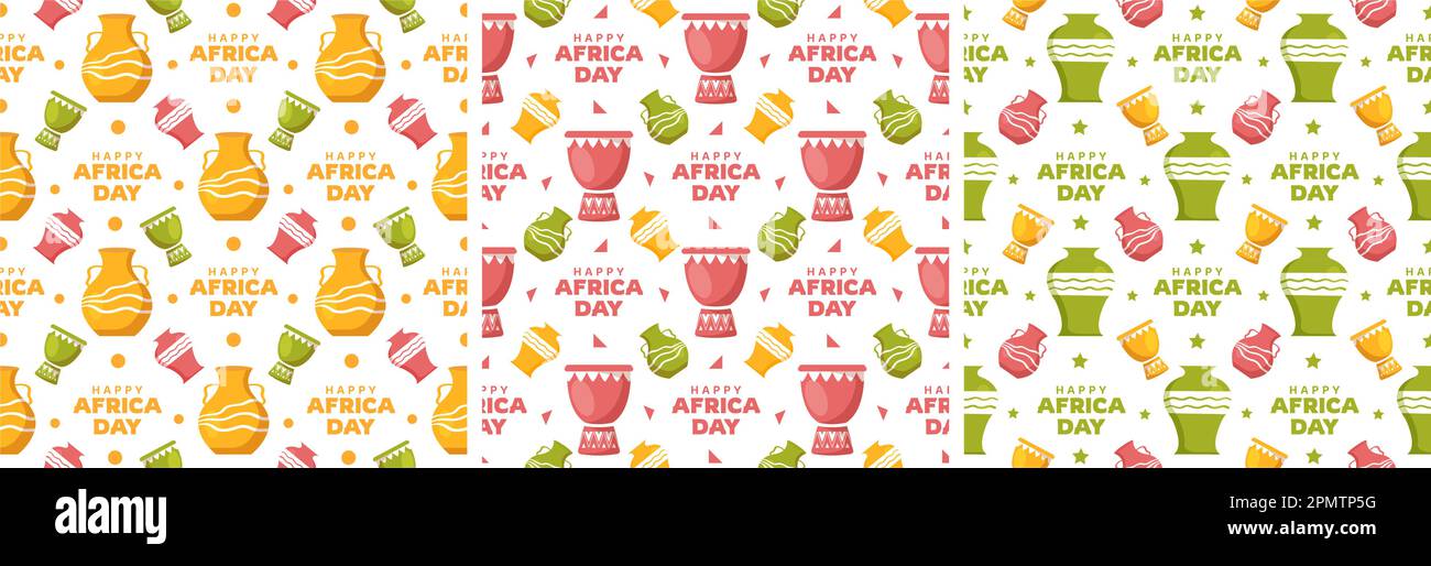 Set aus nahtlosem Muster zum „Happy Africa Day“ mit afrikanischen Stammesfiguren, Dekoration in einer Vorlage, handgezeichnet, flache Cartoon-Illustration Stock Vektor
