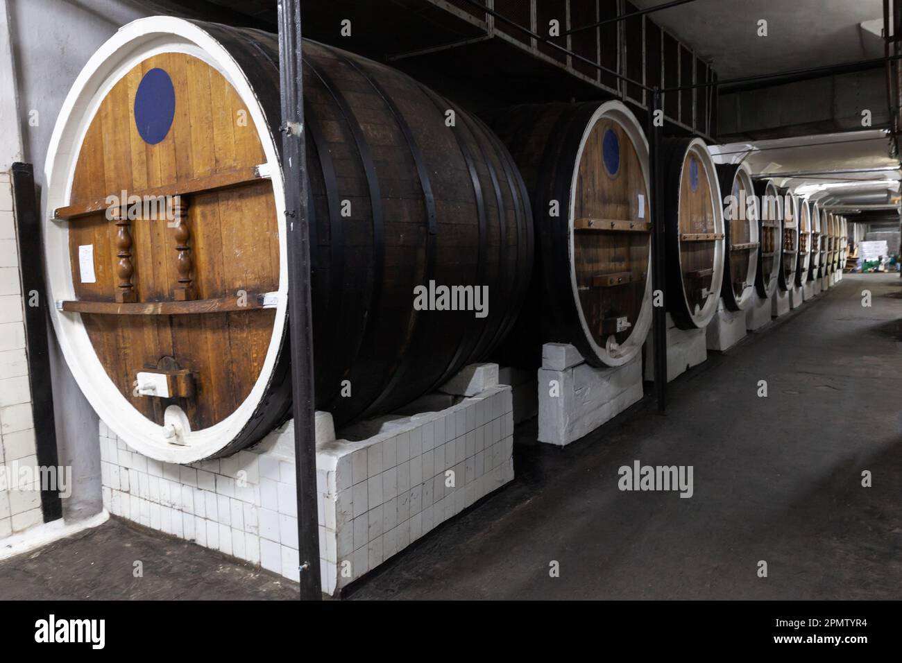 Fässer aus Eichenholz befinden sich in einem Keller der Weinkellerei Stockfoto