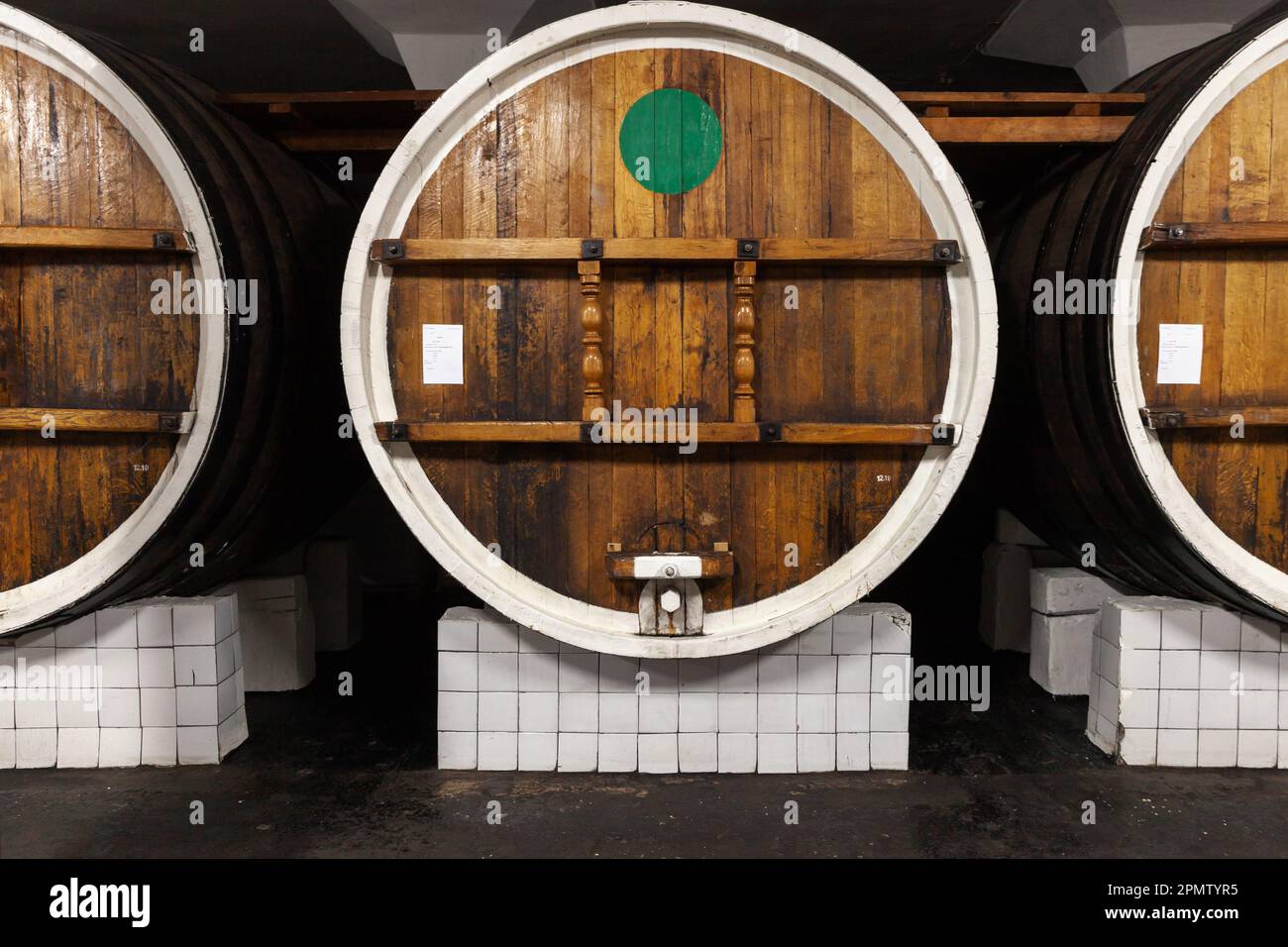 Fässer aus Eichenholz befinden sich in einem Keller der Weinkellerei, Blick nach vorne Stockfoto